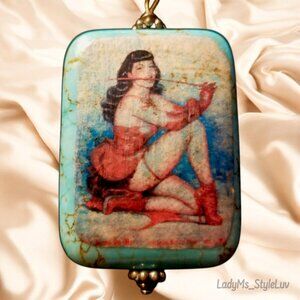 Large Betty Page Sexy Pinup Turquoise Pendant with Silver Snake Chain